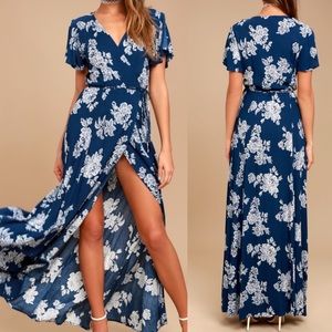 Lulus Blue Floral Maxi Wrap Tie Dress